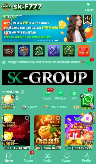 SK F777 Real Money App Main Dashboard and Game Selection Interface